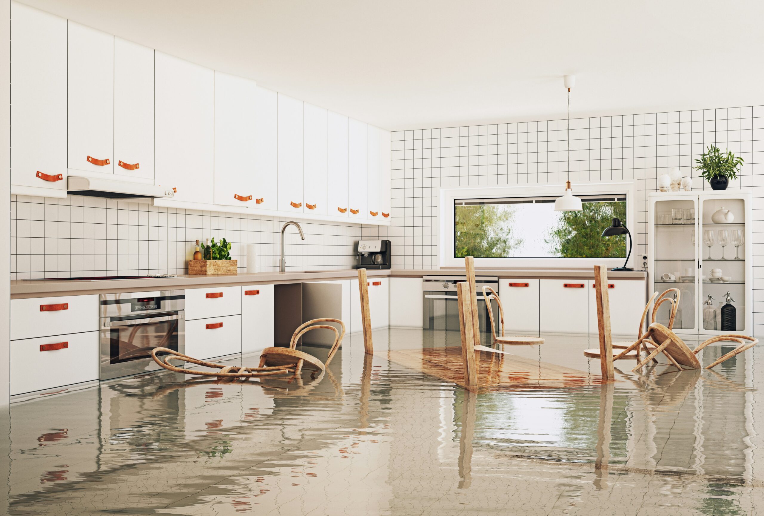 A flooded kitchen with chairs and a sink