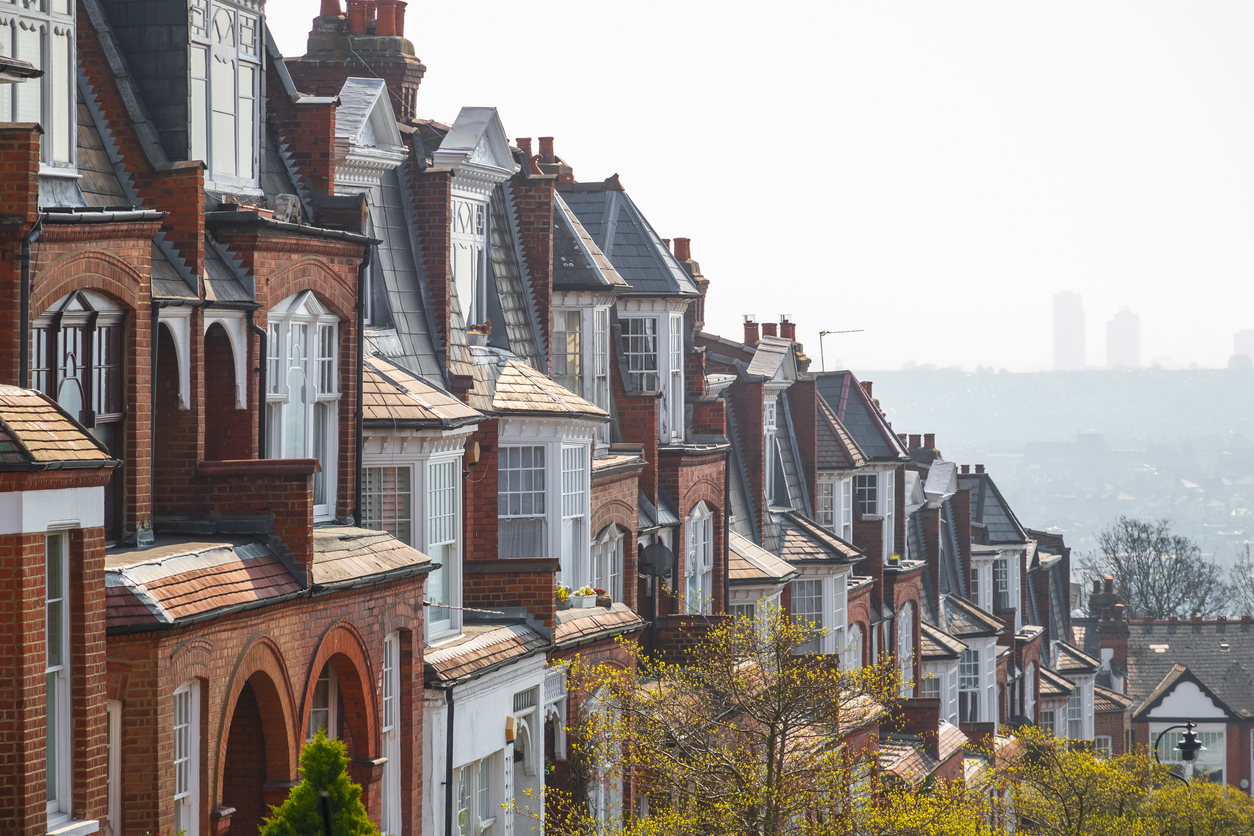English brick terrace houses in London, UK, demonstrating property insurance